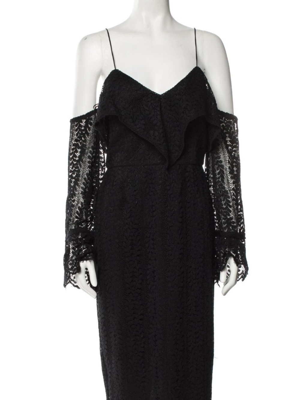 Black Lace Off-Shoulder Midi Dress with Delicate Spaghetti Straps